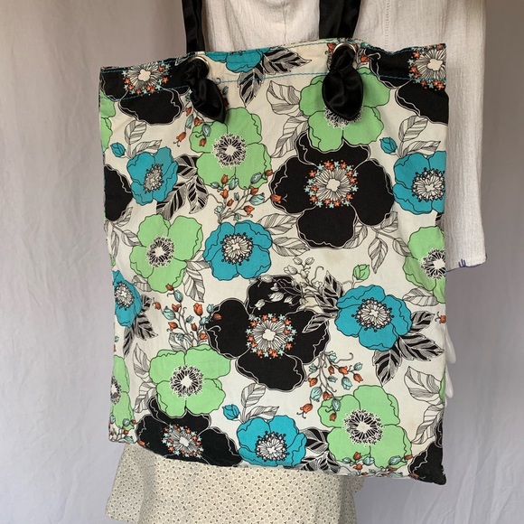 🚮 Old navy floral tote bag poppies ribbon handles - Picture 2 of 8